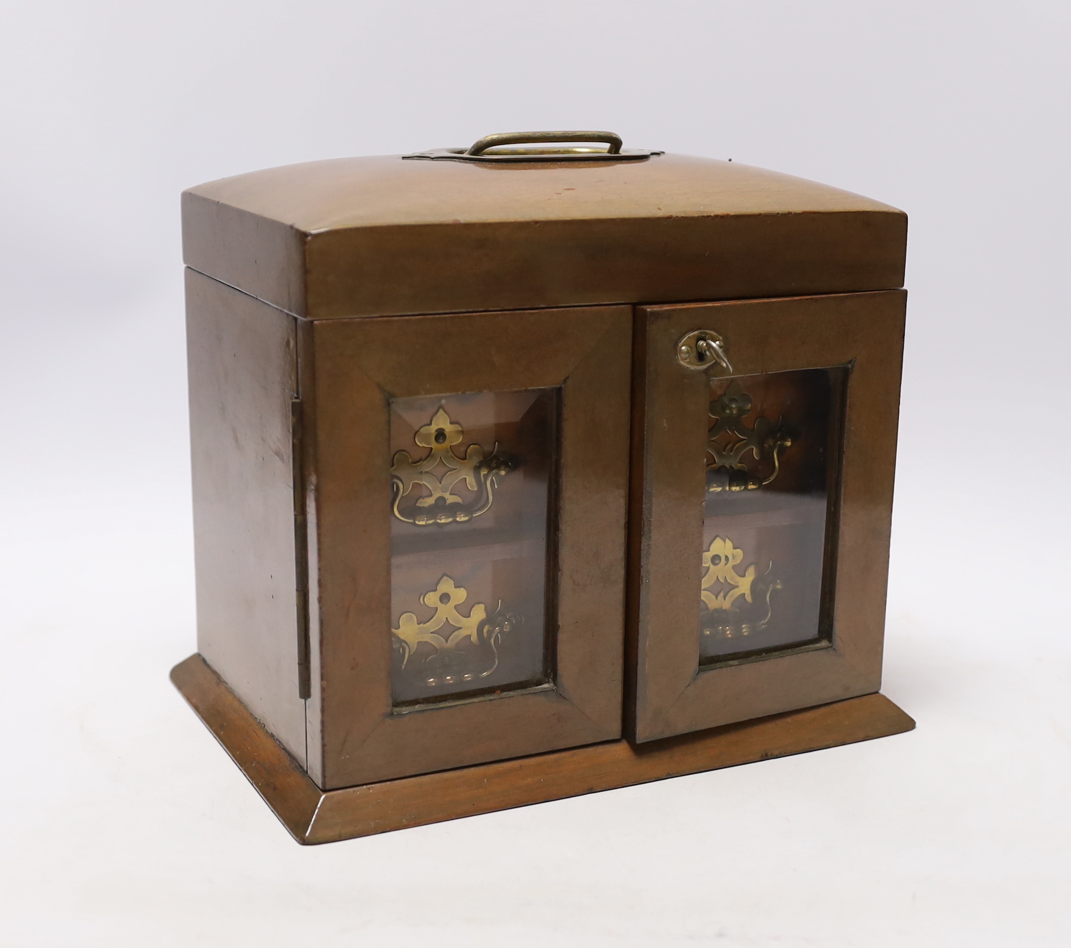 A Victorian walnut two drawer and two glazed door jewellery cabinet, 25cm wide x 20cm high
